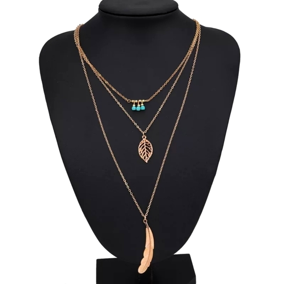 NEW Gold Feather‎ Turquoise Layered Necklace - Picture 7 of 16